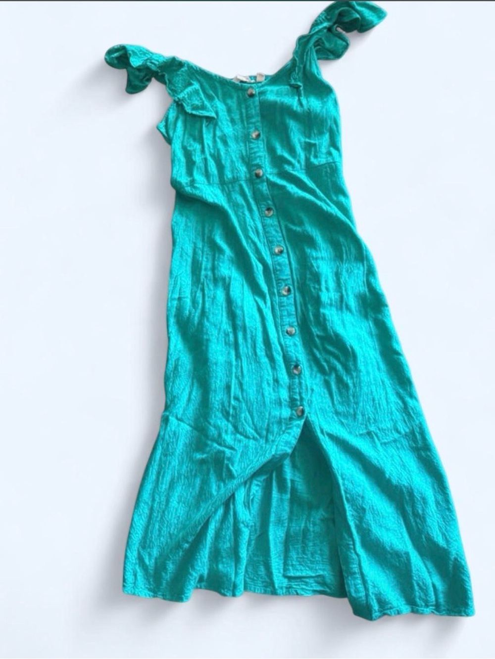 Billabong Teal Ruffle Shoulder Button-Front Maxi Dress